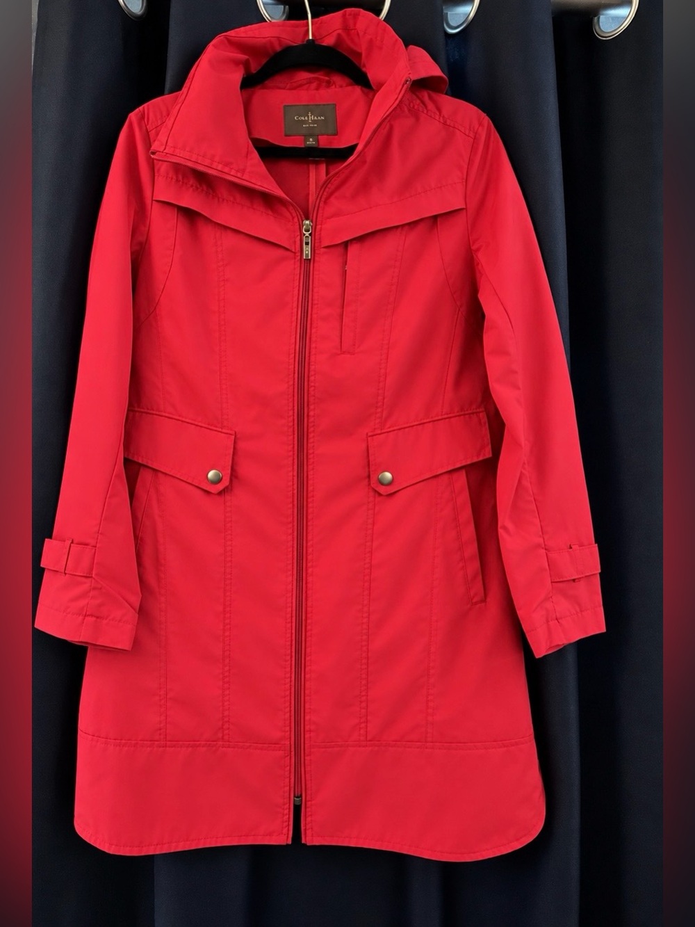Cole Haan Bright Red Hooded Trench Coat